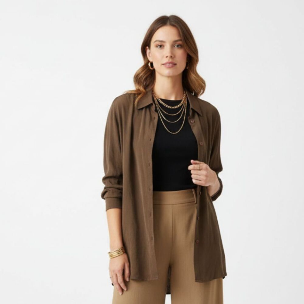Preston & York 100% Silk Brown Long Sleeve Button Front Shacket Blouse Top NEW L
